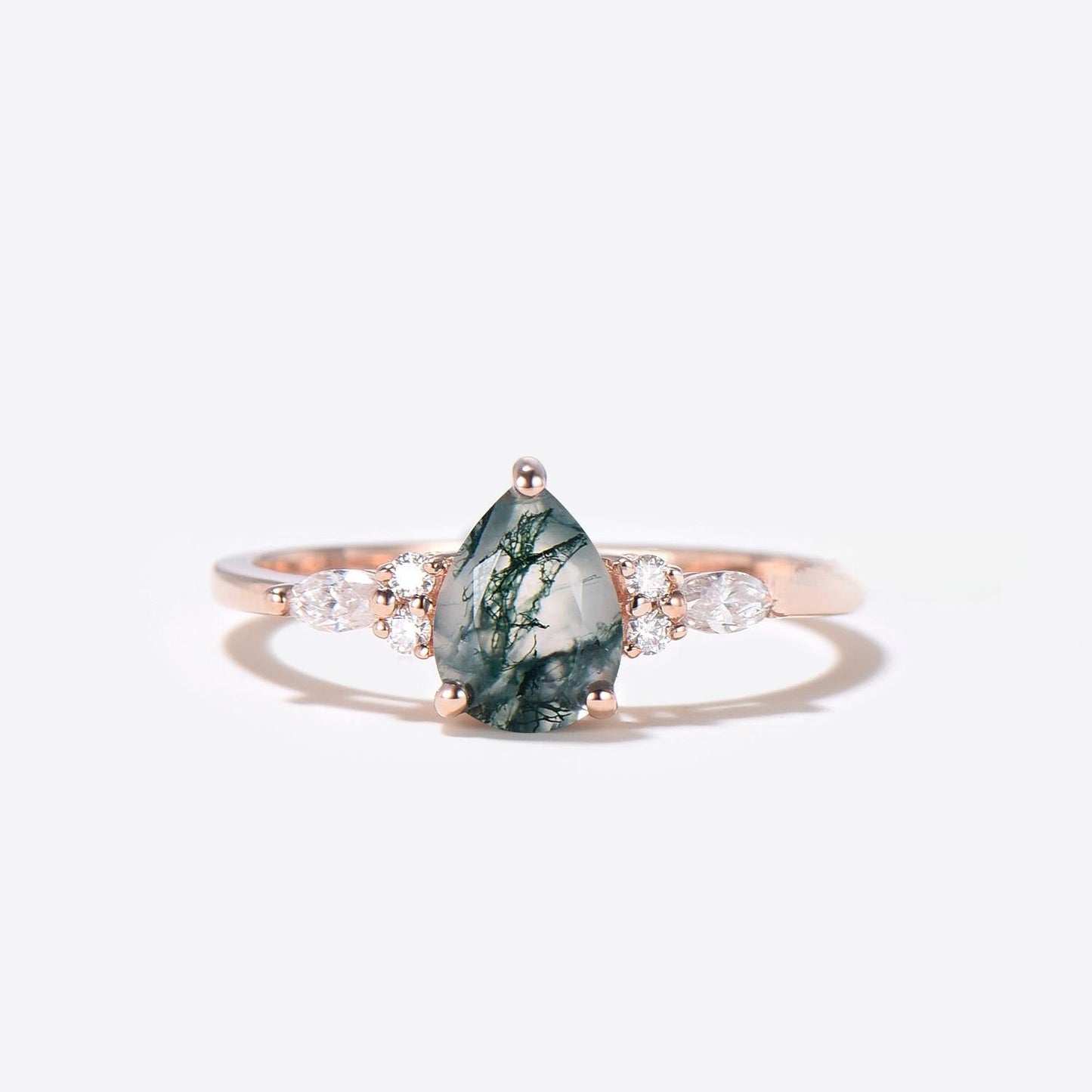 14k Rose Gold Teardrop Moss Agate Engagament Ring Seven Stone Diamond Ring