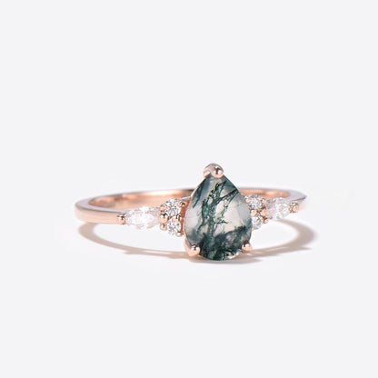 14k Rose Gold Teardrop Moss Agate Engagament Ring Seven Stone Diamond Ring