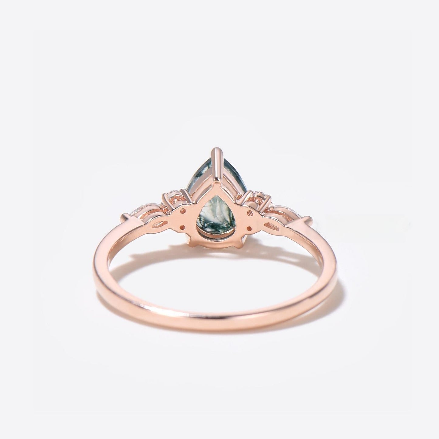 14k Rose Gold Teardrop Moss Agate Engagament Ring Seven Stone Diamond Ring