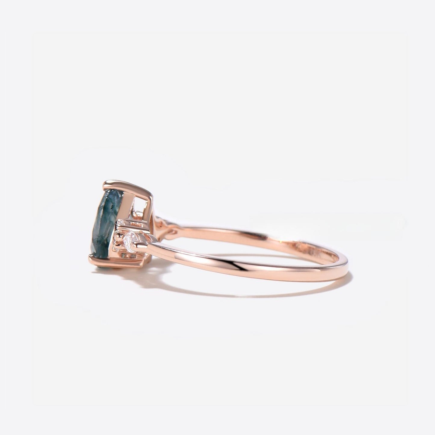 14k Rose Gold Teardrop Moss Agate Engagament Ring Seven Stone Diamond Ring