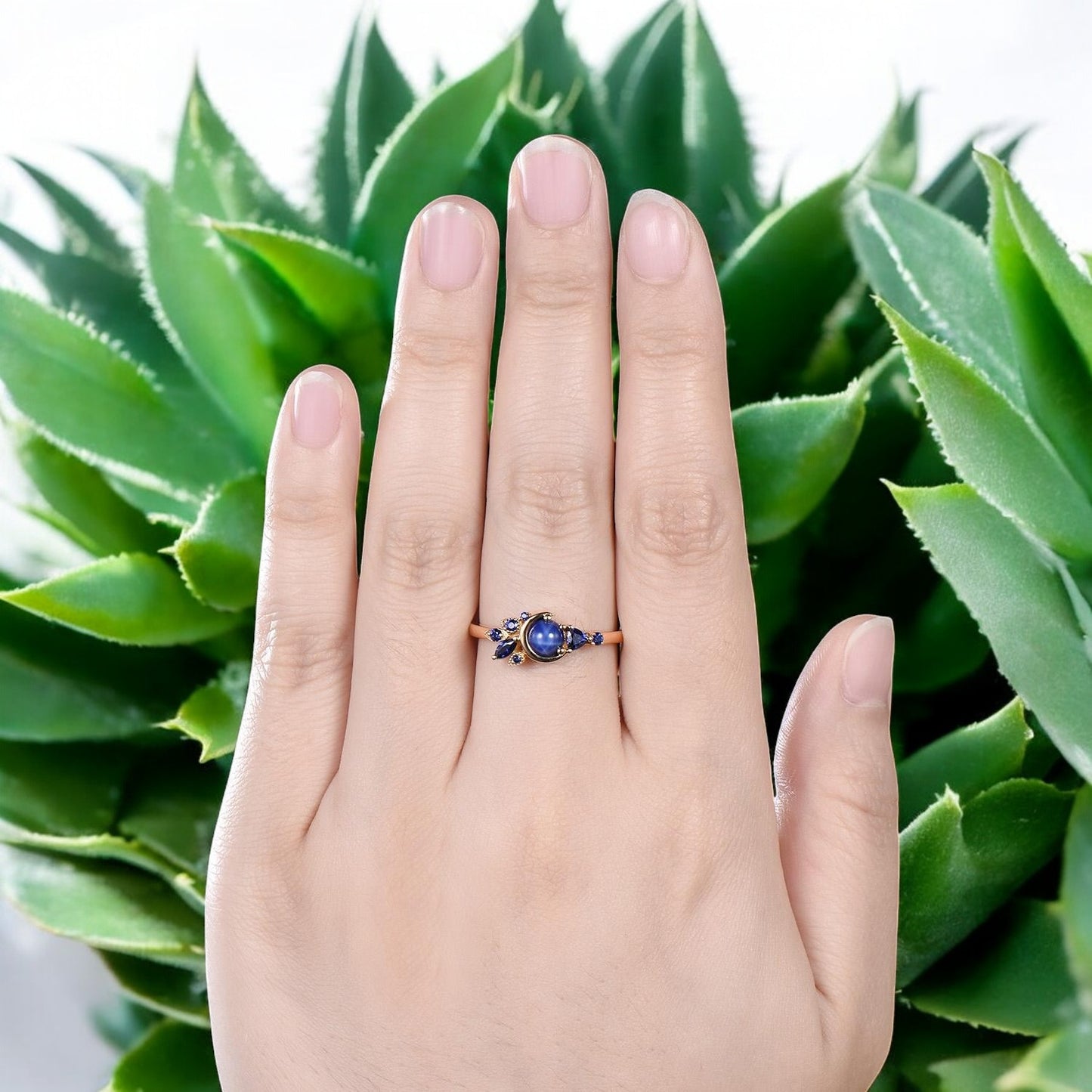 Crescent Moon Star Sapphire Ring