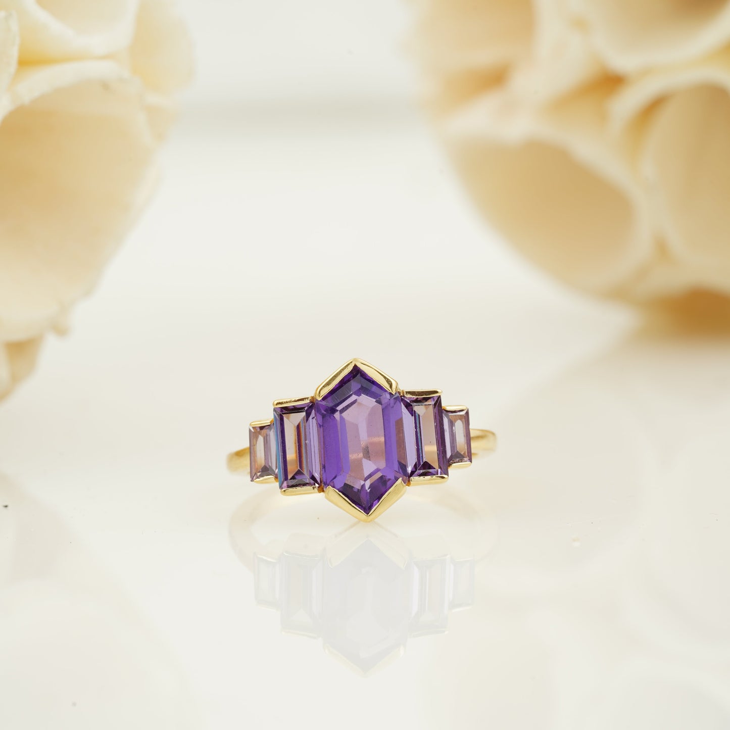 Hexagon Cut Purple Amethyst Ring