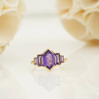 Hexagon Cut Purple Amethyst Ring