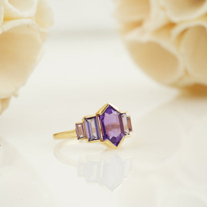 Hexagon Cut Purple Amethyst Ring