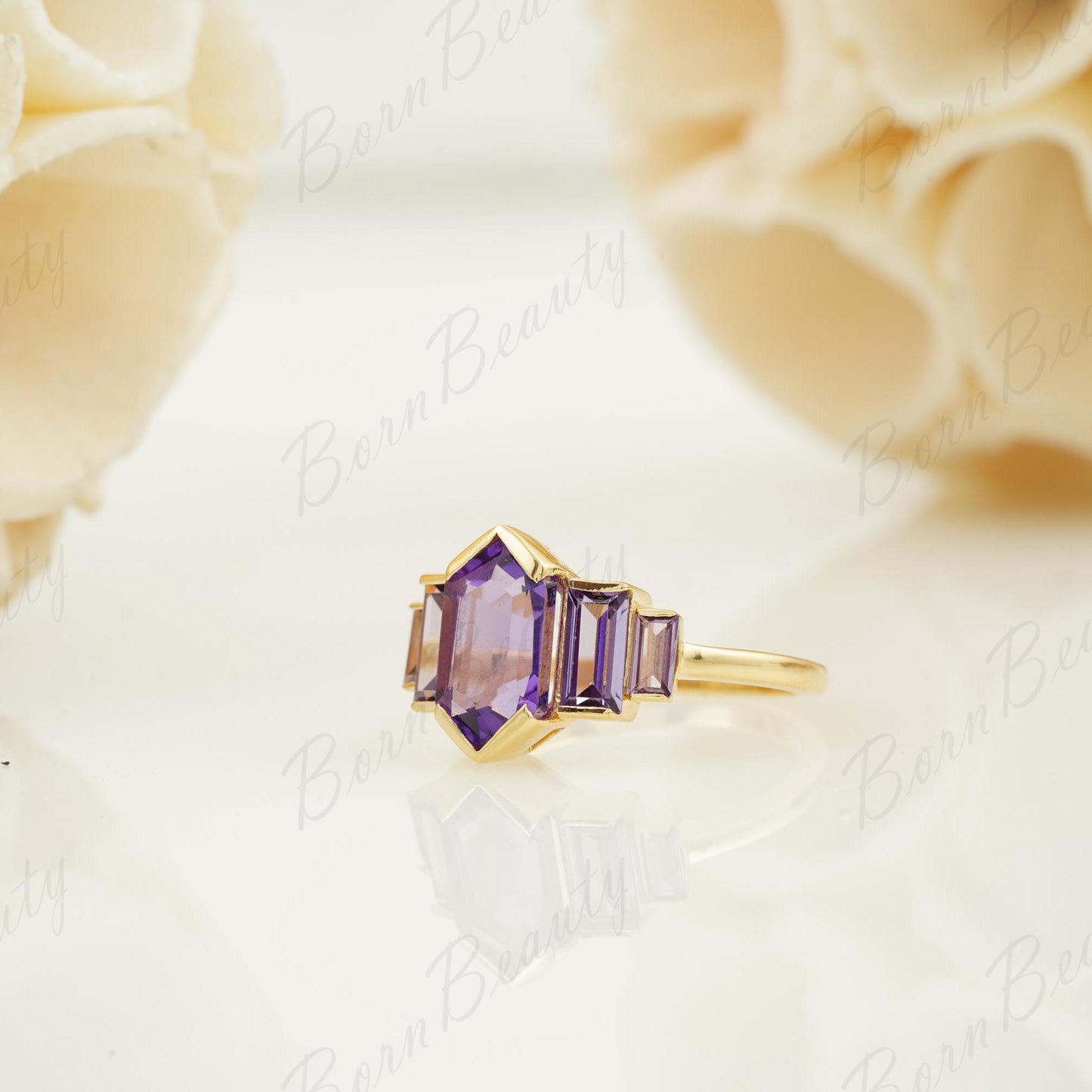 Hexagon Amethyst Rose Gold Ring