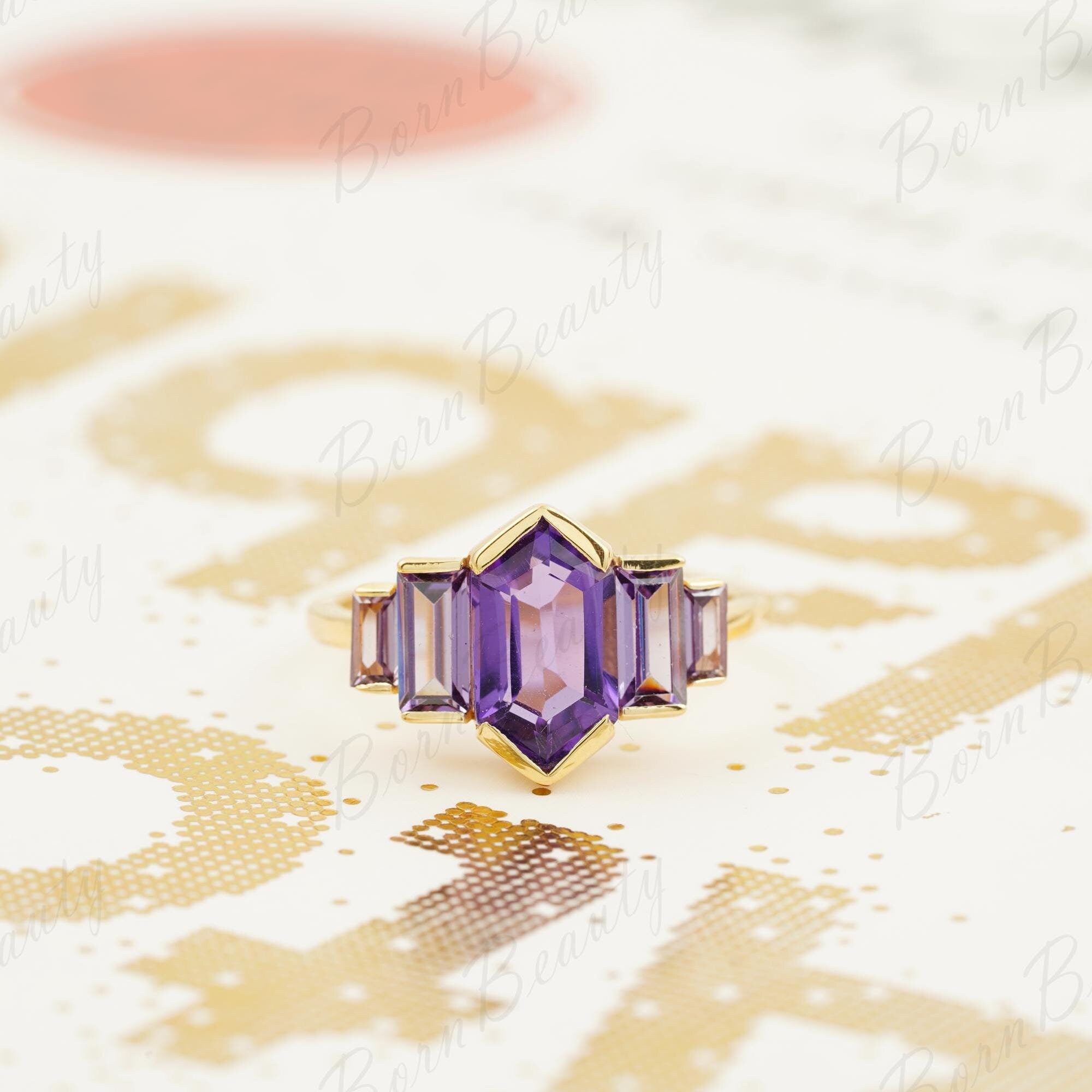 Hexagon Amethyst Rose Gold Ring