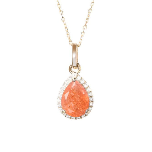 Pear Shaped Sunstone Necklace 14k Gold Diamond Halo Wedding Pendant