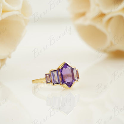 Hexagon Amethyst Rose Gold Ring